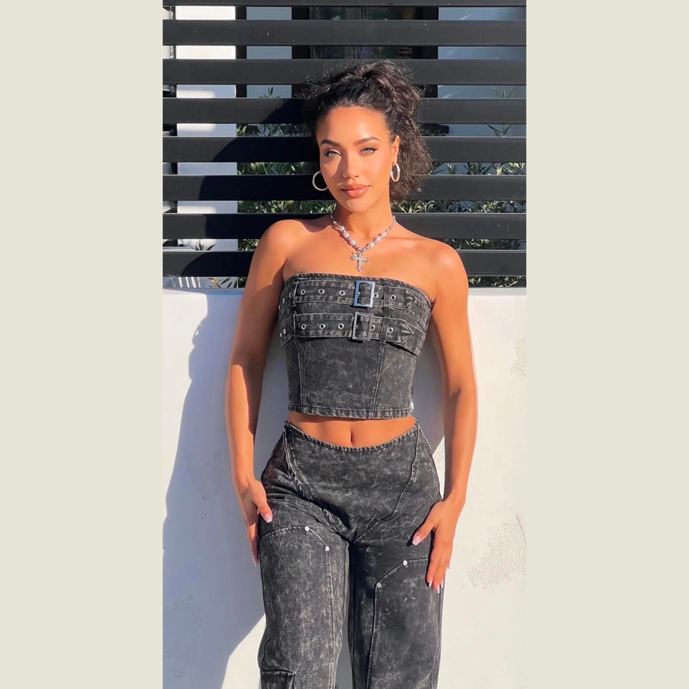 Black Denim Strapless Top and Pants Set